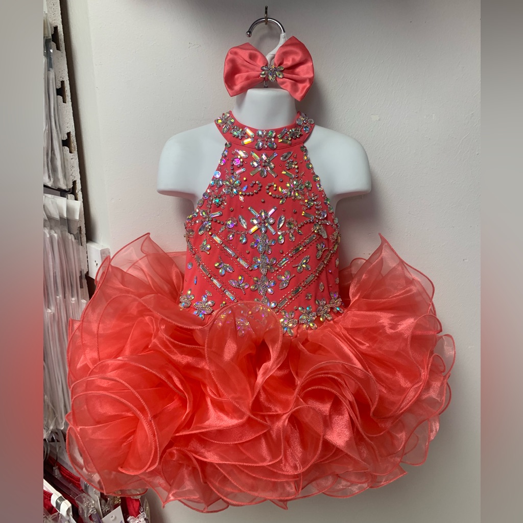 Size 3 Coral Beaded High Neck Keyhole Back Cupcake Pageant Dress & Bow Nwt